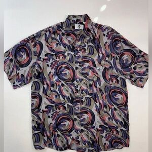 90s VTG CSC Abstract Swirl Silk Button Up Shirt Chiffon Mens Medium Purple Gray